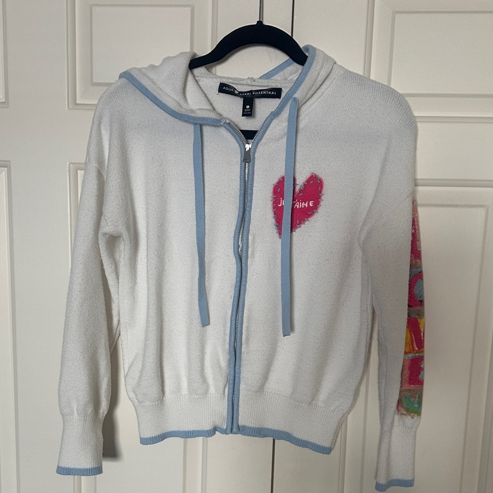 Women’s Aqua/Kerri Rosenthal White Cotton Zipper Hooded Cardigan Sweater. Size S